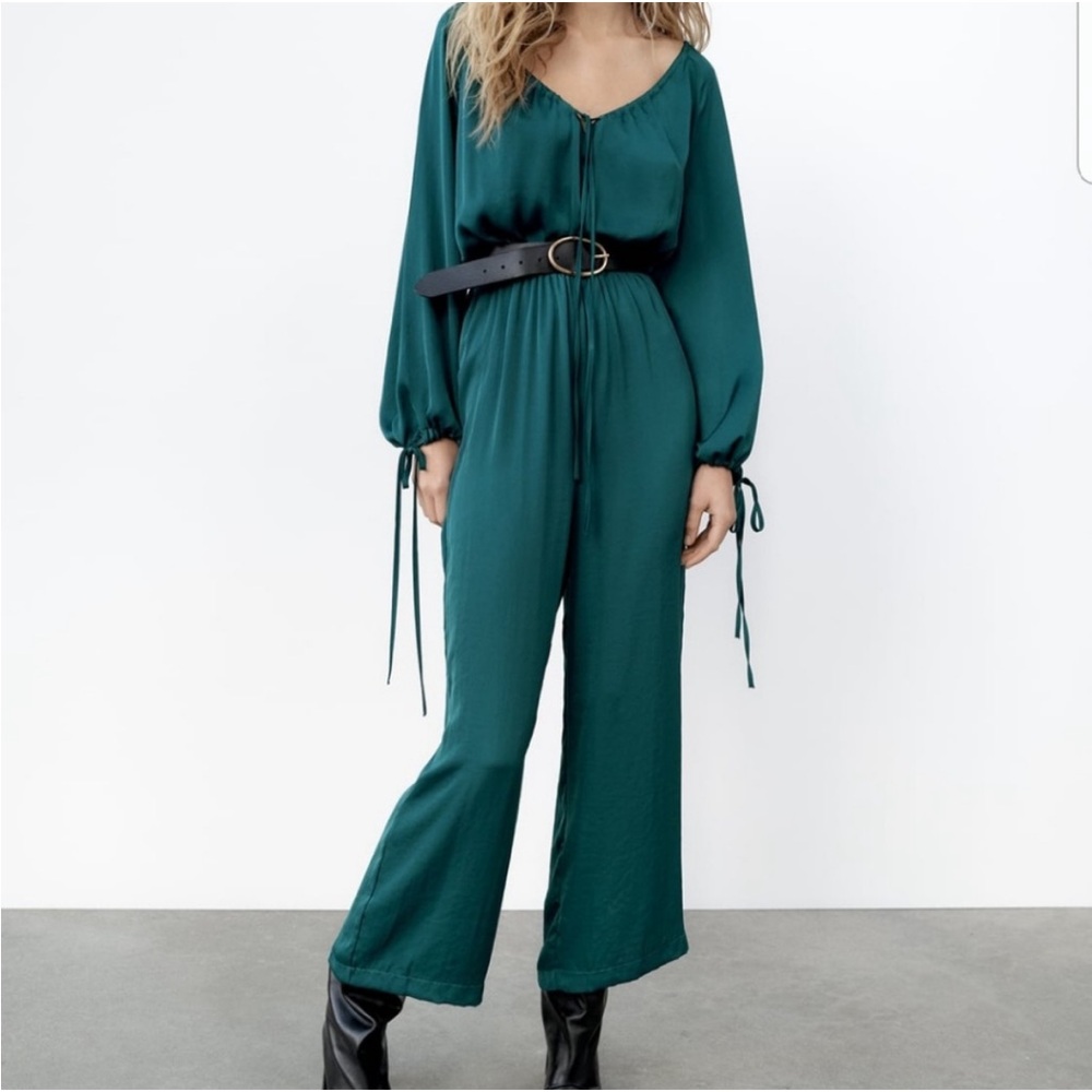 Zara Womens Green Effect Wide Leg  Jumpsuit Drawstring Neck Arms Size Small